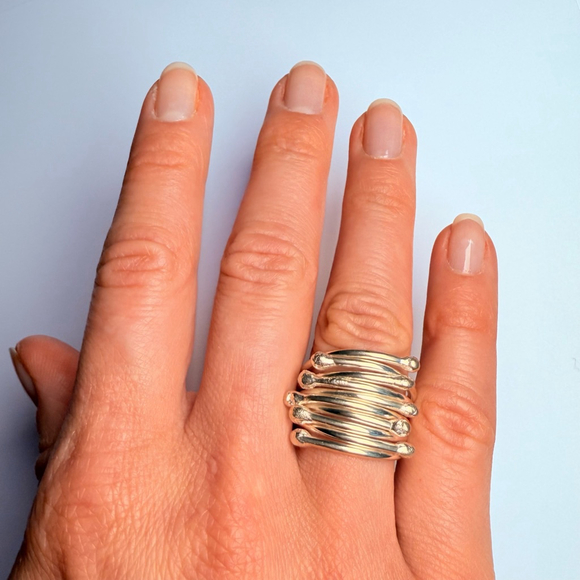 Modernist 10 Link Stack 17mm Band Sterling Silver 925 Artisan Abstract Ring - Picture 7 of 11